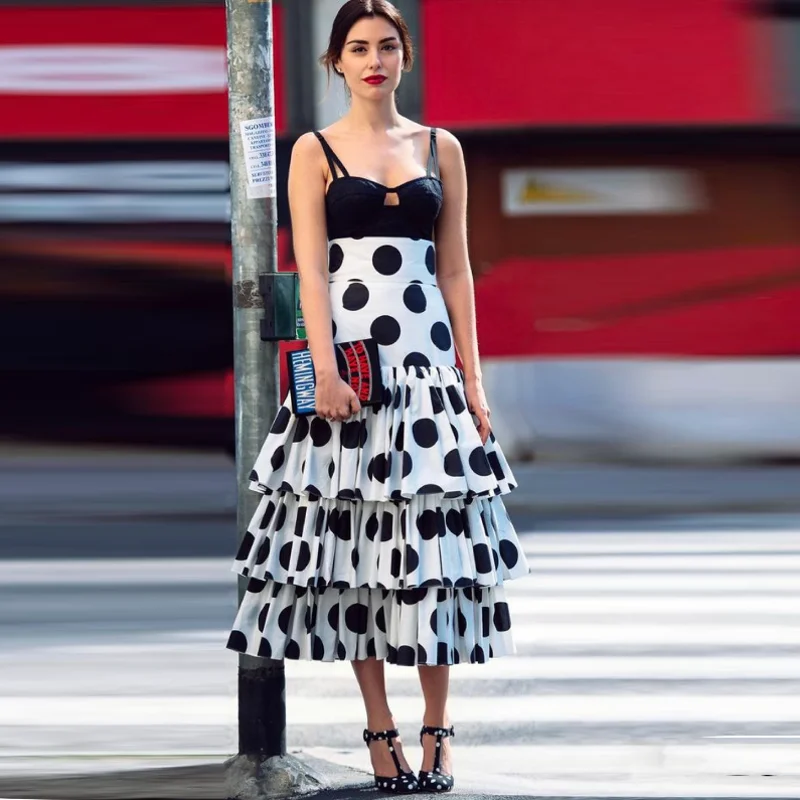 Moda saia branca preto dot patern saias longas maxi saia em camadas tornozelo comprimento uma linha saias femininas com zíper