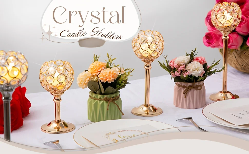 6pcsGold Crystal Candle Holder Sparkling Bowl Candle Holder With Candle High Crystal Candle Holder Dining Table Wedding Centerpiece For Wedding Party Housewarming Gifts