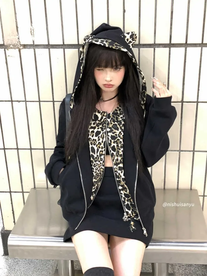 Vintage Fashion Fake Two Piece Leopard Print Hooded Jackets+ Y2k High Waist Bodycon Skirts 2024 Autumn New Black Sets