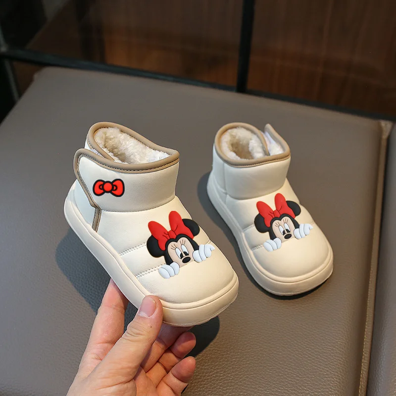 

Хлопковые сапоги Disney для девочек с Микки Маусом, зимняя детская повседневная обувь из плотного флиса, модная нескользящая теплая мягкая подошва для мальчиков, первые ходунки