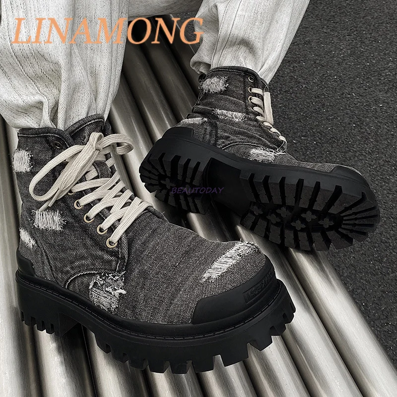 Punched Denim Work Boots Fashionable Retro Front Lace Up Design Thick Sole Breathable Men's and Women's Versatile Short Boots