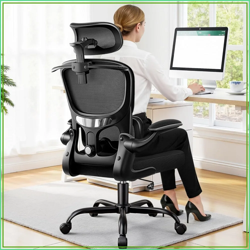 Ergonomic Office Chair, Mesh Desk Chair with Lumbar Support, High Back Home Office Chair, Adjustable Headrest, Flip-Up Arms, Thick Cushion, 300 LBS