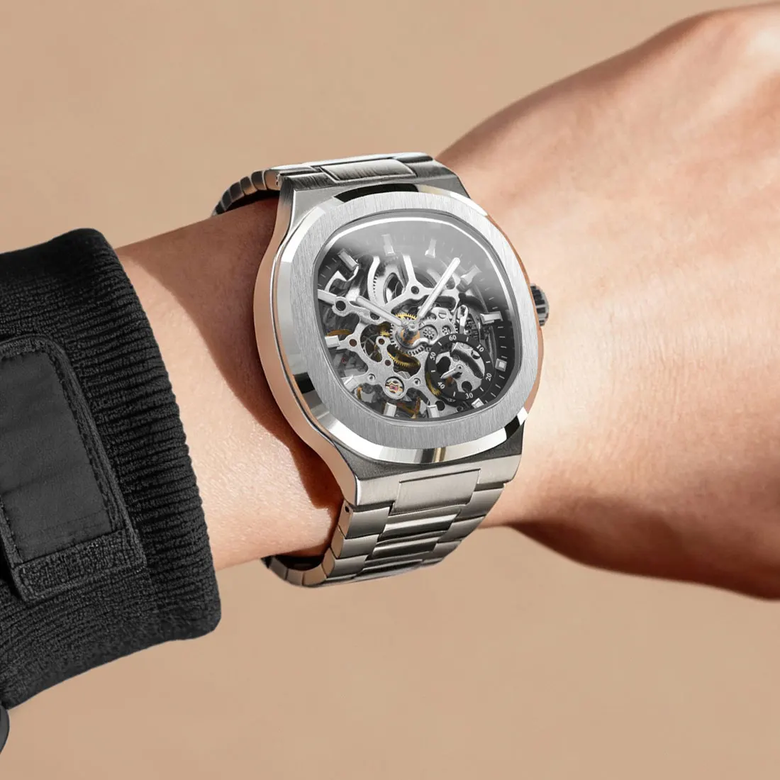 

Мужские часы FORSINING Original Factory AAA класса люкс, из нержавеющей стали, с механическим автоматическим скелетонизированным механизмом, водонепроницаемые, светящиеся в темноте