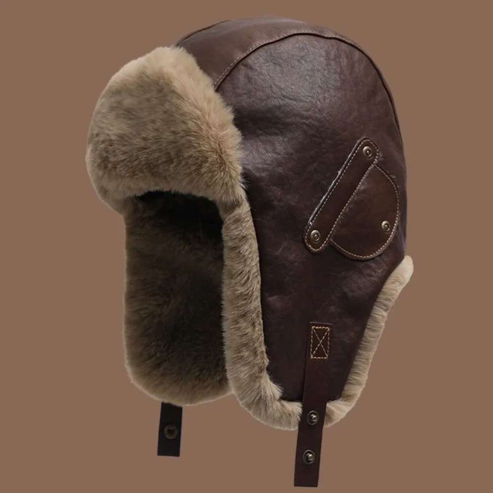 Neutral Vintage Pu Leather Pilot Hat Plush Side Rivets Winter Ski Cap Leather Buckle Warm Ear Protection Hat Skiing