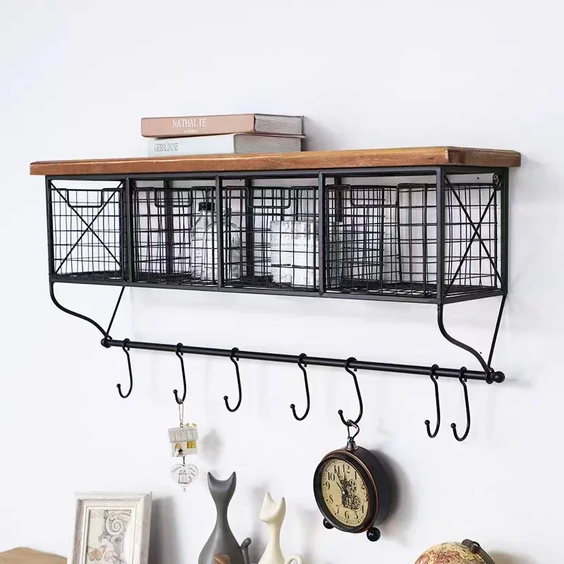 

Modern wall rack storage rack lattice wall hanging kitchen finishing shelf bedroom living room storage rack iron wood