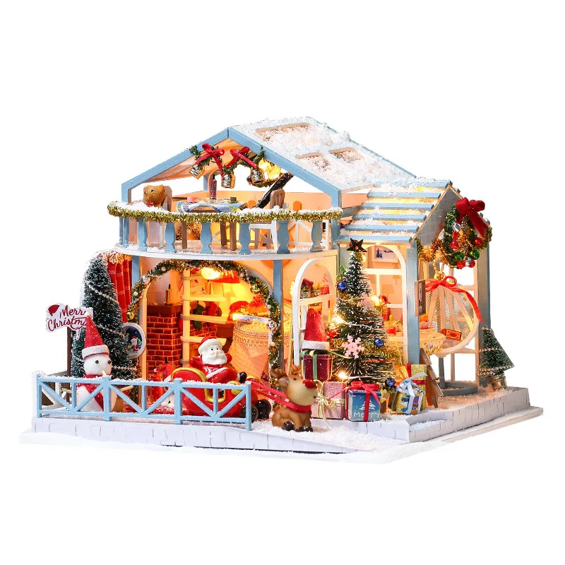 DIY Christmas Snow Night Miniature House Kit with Dust Cover – Handcrafted 3D Assembly Model, Creative Birthday & Xmas Gift