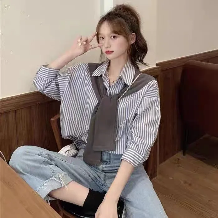 

Свободная женская рубашка без рукавов с вертикальными полосками и накидкой на плечи, длина три четверти, весна-лето, новый стиль, модный комплект