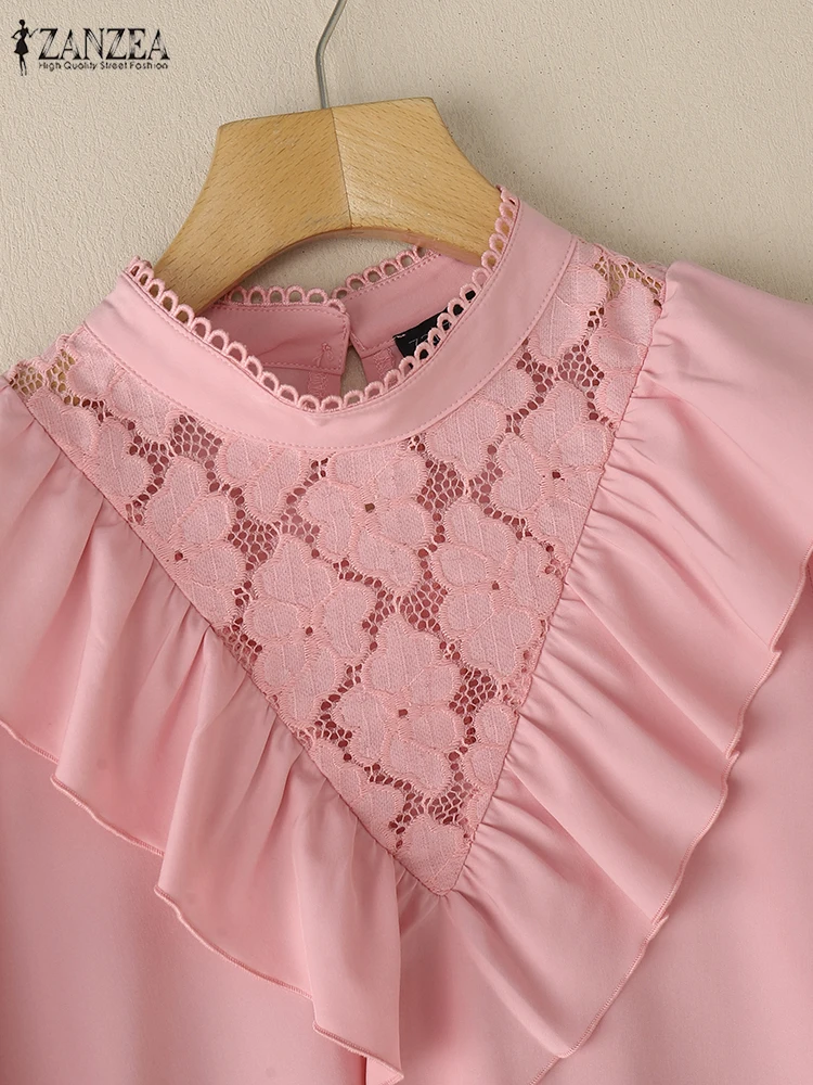 Fashion Women Long Lantern Sleeve Blouse ZANZEA Spring Office Shirt Stylish Lace Crochet Holiday Tops Tunic Oversize Chemise
