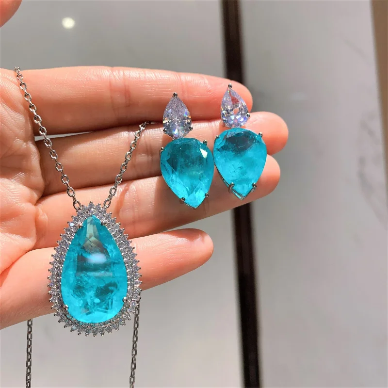 

Jewelry European and American Paraiba Blue Jewelry Set Pendant 15*25 Earrings 15*20