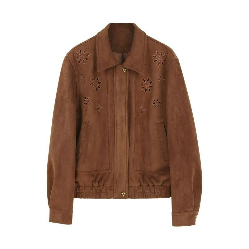 

2026 Autumn Slimming with Lapel Zipper Short Jacket New Fashionable Design Flower-patterned Hollowed-out Short Jacket for Women