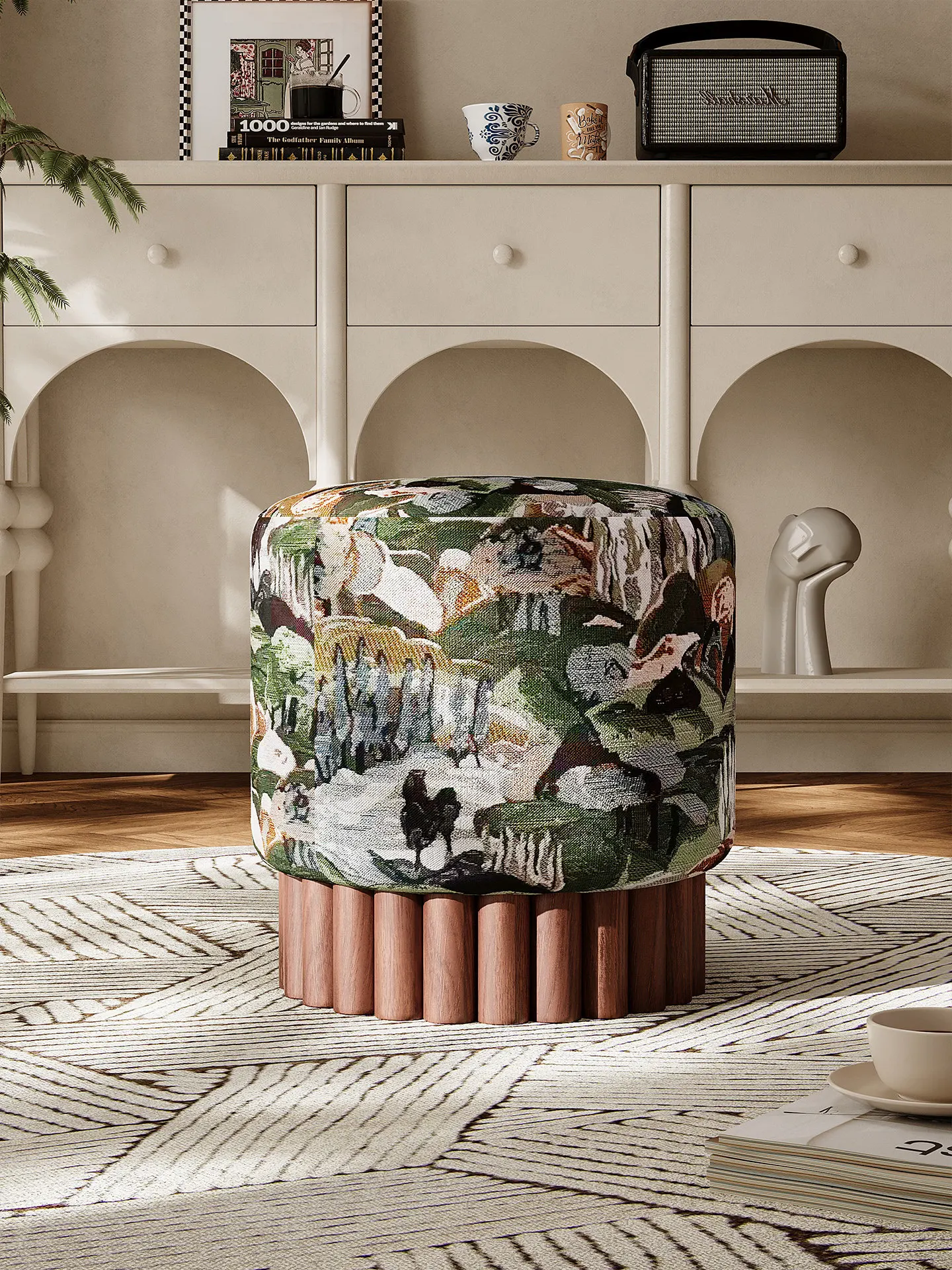 & Retro Chinese Style Solid Wood Round Stool Fabric Upholstered Entryway Shoe Bench Wabi Sabi Hallway Low Dressing Vanity Stool