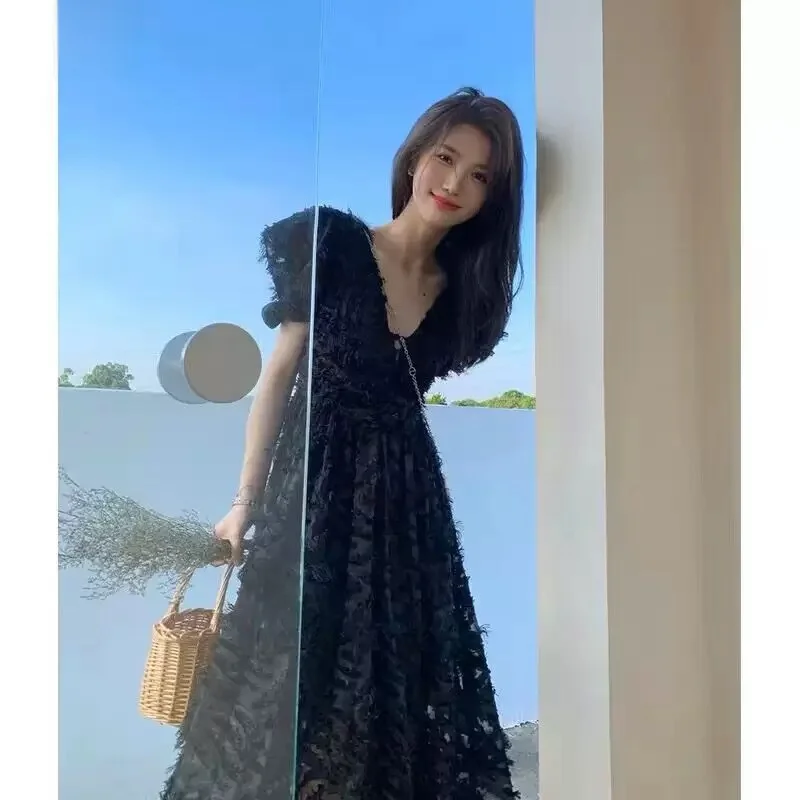 

Summer 2025 Ele Bla Feathery Tassel Long Dr V-Ne Slimming ort Sve Women's Dr High Waist A-Line Skirt