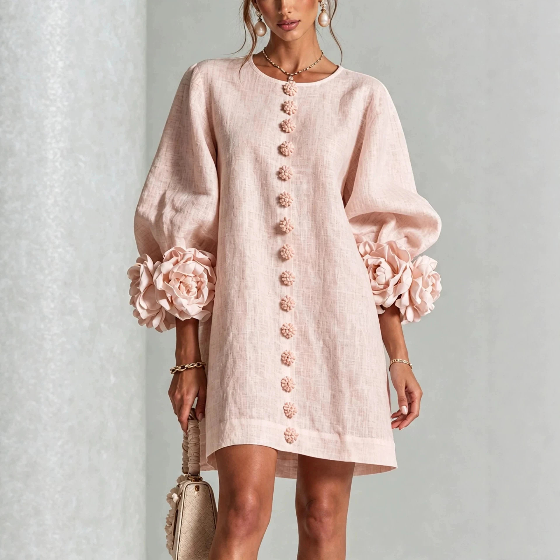 2026 Autumn New 3D Flower Cuff Dress Women Round Neck Long Sleeve Buttons Loose Dress Elegant Wedding Guest Casual Short Dress