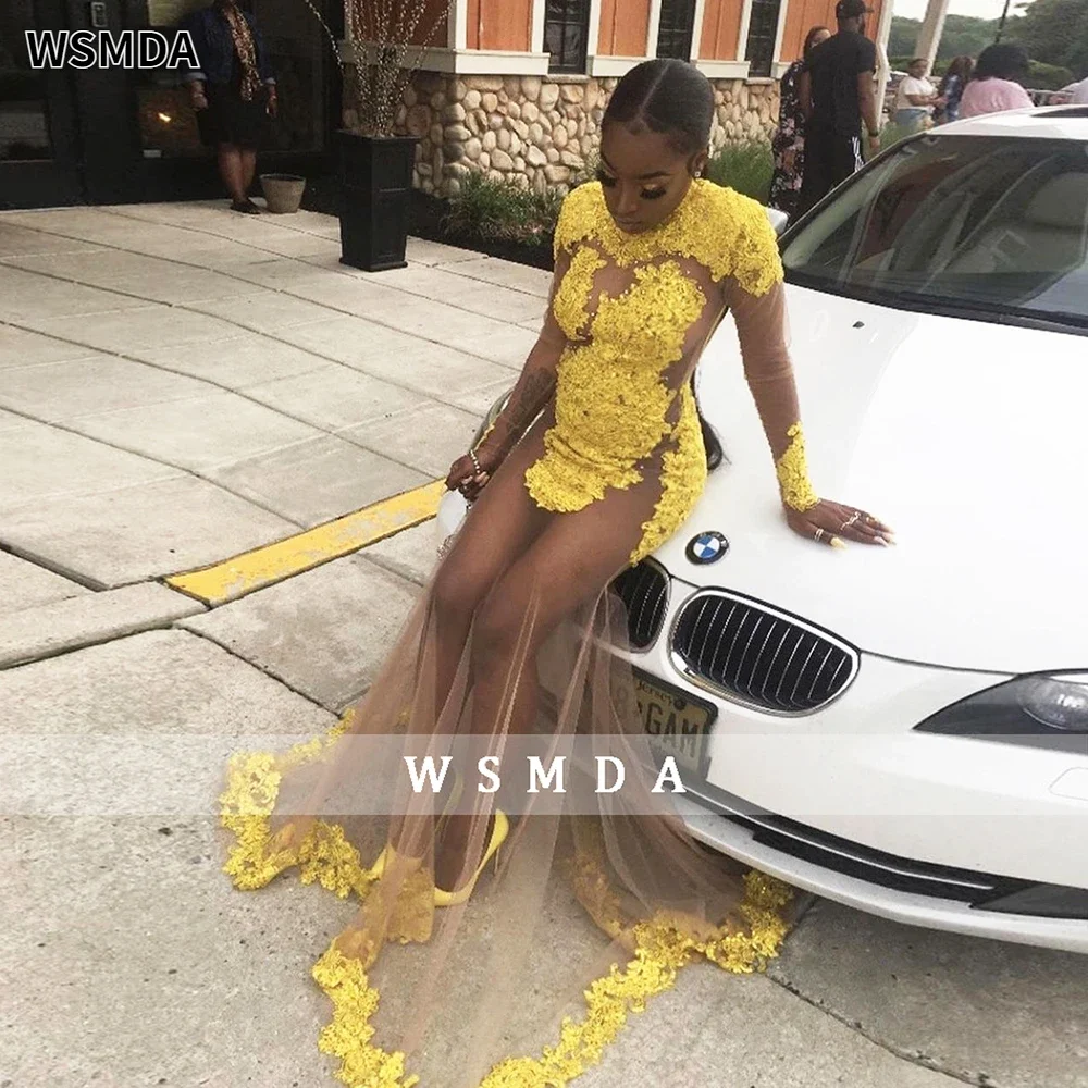 

Сексуальное иллюзионное желтое кружевное платье русалки для выпускного вечера с длинными рукавами и открытой спиной вечернее платье на заказ