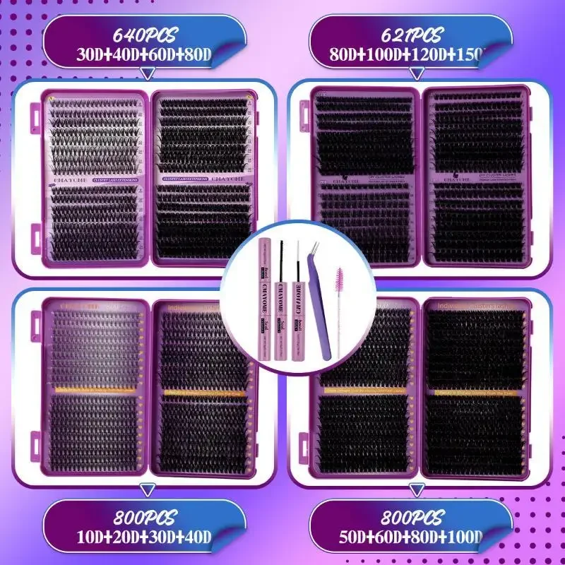 /Kuz/Clusters Kit DIY Lash Extension Kit Large Capacity D Curl With Lash Bond And Seal And Eyelash Tweezers Makeup Lash