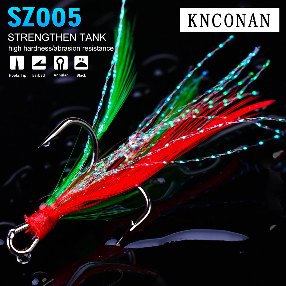 KNCONAN 10PCS Colorful Feathers Treble Hook 4# 6# 8# 10# 2# Fishing Treble Hooks With High Strength Hook Dressed Treble Hook