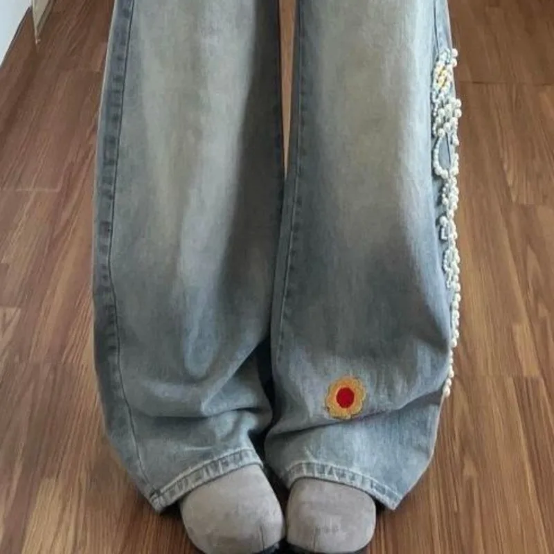 ANJY Spring Autumn New Women Three-dimensional Embroidered Pearl Floral Pattern Design Loose Casual Trendy Wide Leg Jeans A22272