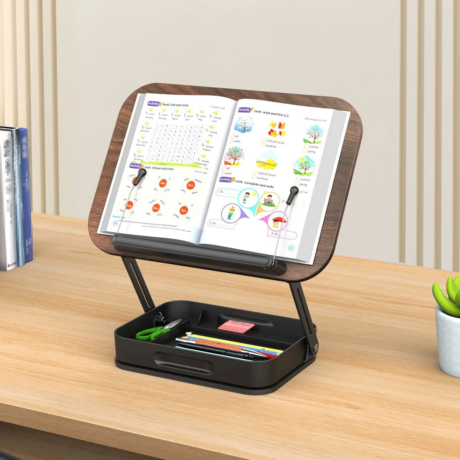 desktop-book-stand-for-reading-with-rotate-base-wooden-panel-page-clips-storage-compartments-foldable-and-angle-adjustable