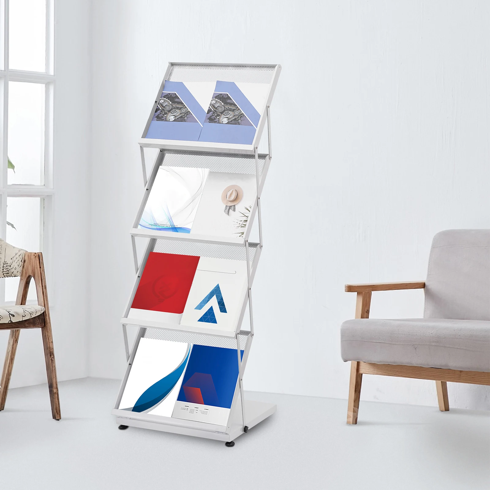 

Brochure Display Rack 4-tier Foldable Brochure Rack with Non-slip Feet Floor Standing Magazine Rack Newspaper Holders