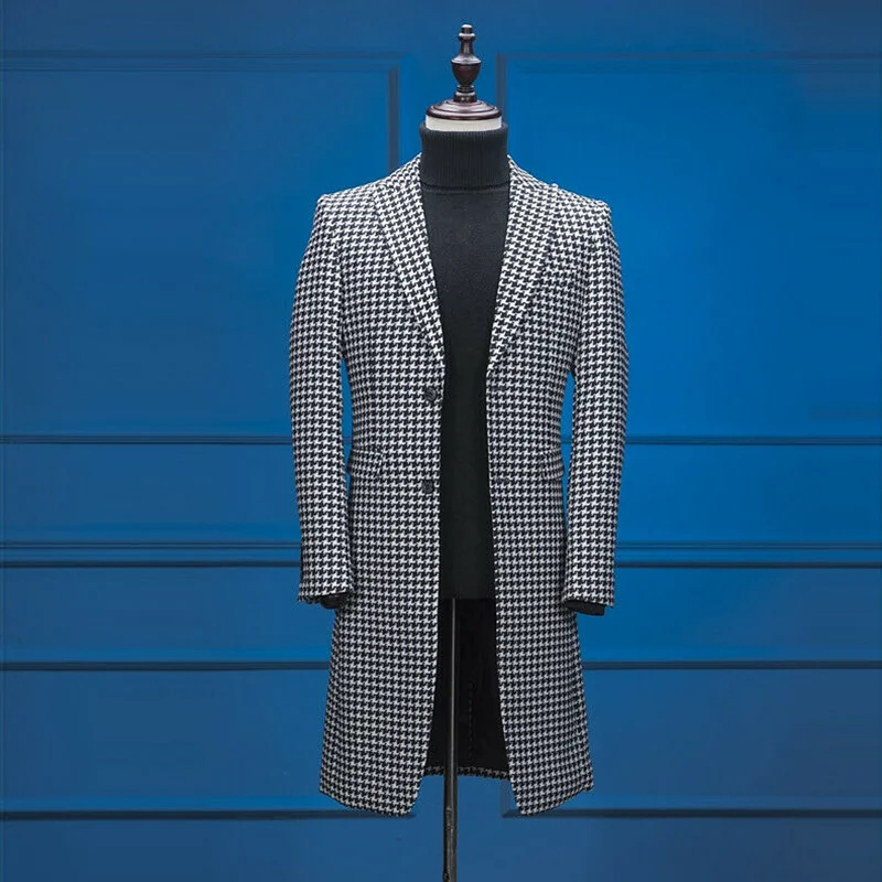 British Style Men Suits Houndstooth Men Suits Single Breasted Casual Groom Tuxedos Peaked Lapel Blazer Plaid Business Long Coat