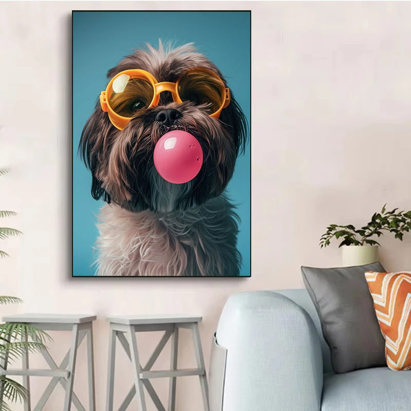Dog Colorful Bubblegum Sunglasses Poster Prints Samoyed French Bulldog Corgi Canvas Painting Wall Art Picture Room Home Decor