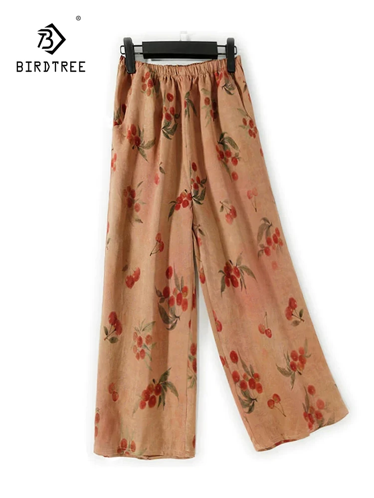 BirdTree-dames zijden gewaterd gaas elegante broek, elastische taille jacquard, retro veelzijdige broek met wijde pijpen, herfst 2025, B58930CC