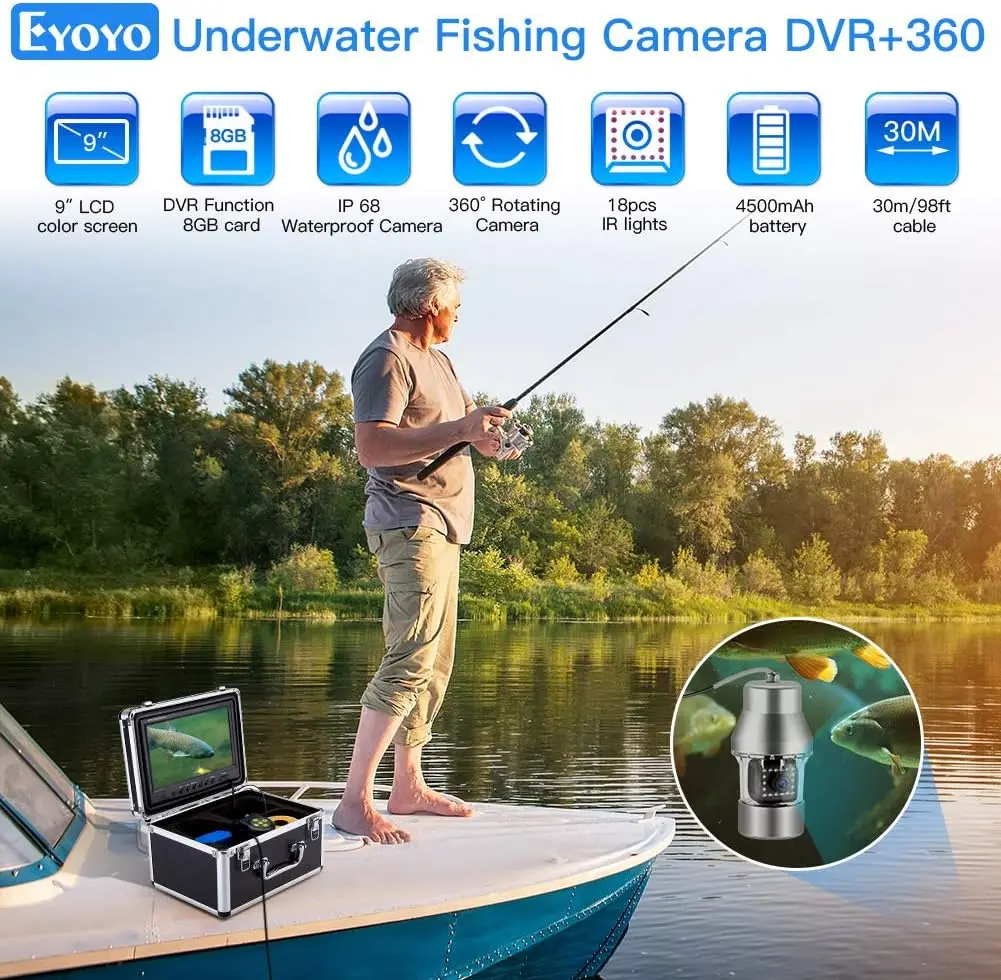 Underwater Fishing Camera Video Fish Finder DVR Function 9 inch Large Color Screen 360° Horizontal Panning Camera