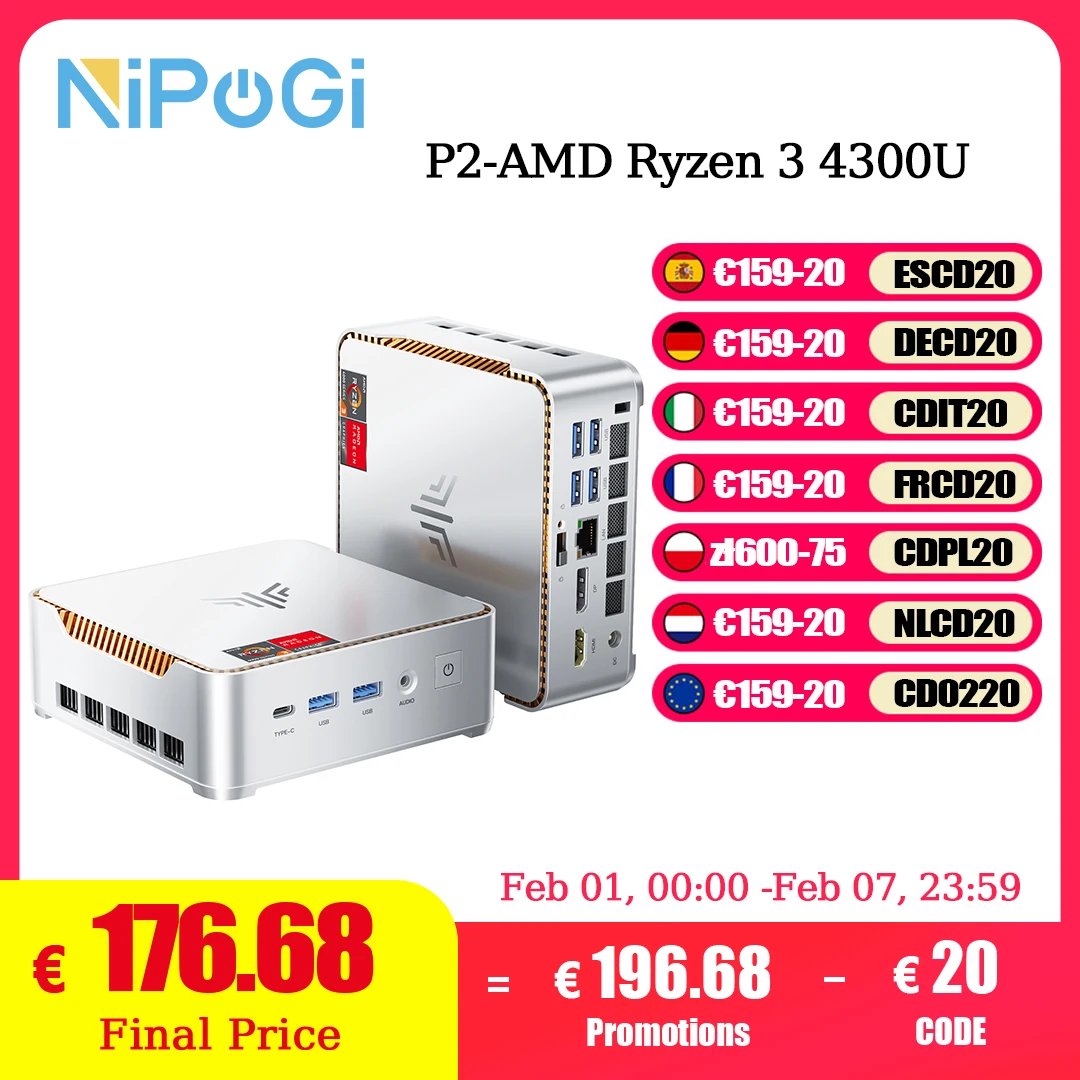 NIPOGI Mini-PC Mini-Computer AMD Ryzen 3 4300U 16GB DDR4 512GB M.2 SSD Windows 11 Pro Micro-Desktop-Computer Mini-Desktop-PC
