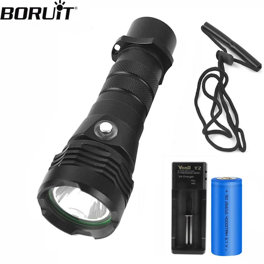 BORUiT M51 Diving Flashlight  XHP50.2 Super Bright 2000LM 26650/18650 Scuba Diving Light With Hand Rope Professional Submersible