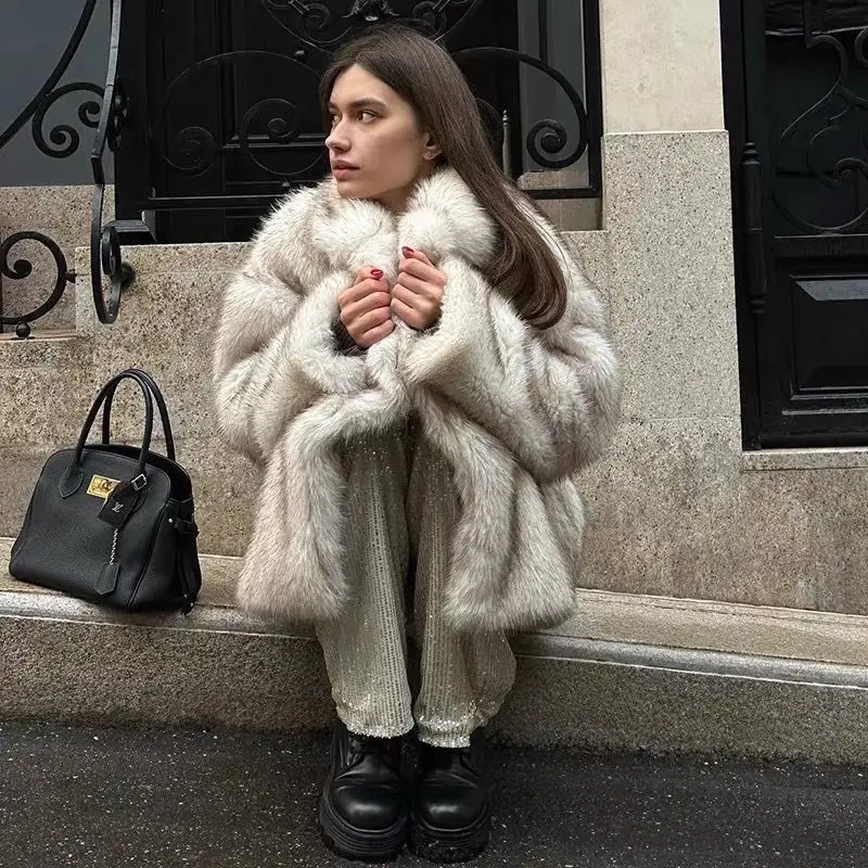 GACVGA 2025 Winter Ins Hot Fashion Girls Oversized Gradient Fur Coat Women Thick Warm Outerwear Fluffy Faux Fox Fur Jacket