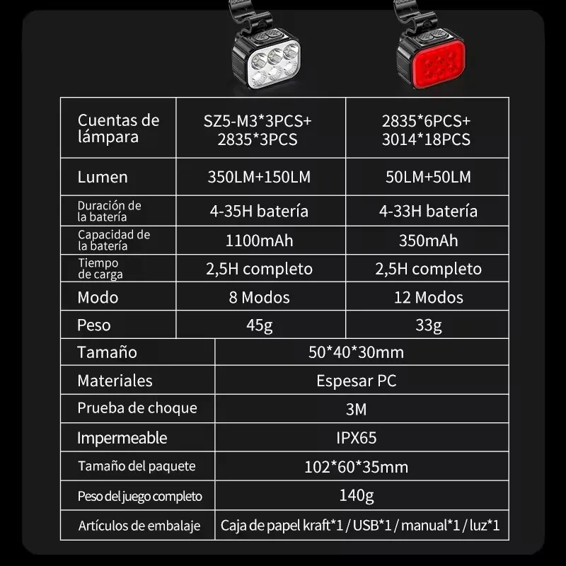 Luz trasera de bicicleta de 6 LED, luz delantera de bicicleta de 1100mAh, lámpara LED impermeable para bicicleta, recargable por USB, luces traseras para bicicleta de montaña de 12 modos