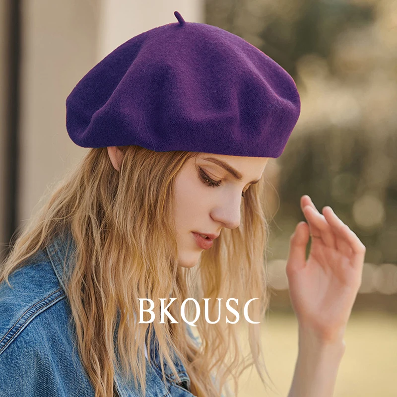 Women\'s Beret Purple Wool Hats 55-58cm Female Fashion Casual Wool Berets Winter Warm Solid Color French Artist Painter Hat