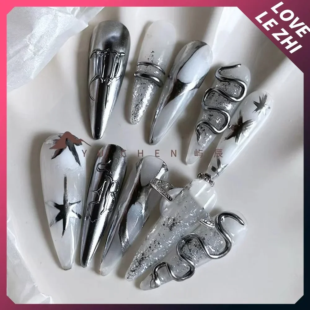 Handmade Gothic Fake Nails Dark Punk Butterfly Full Stiletto Long Pointed Shape Fake Nails Cover Women Almond Press On Nails