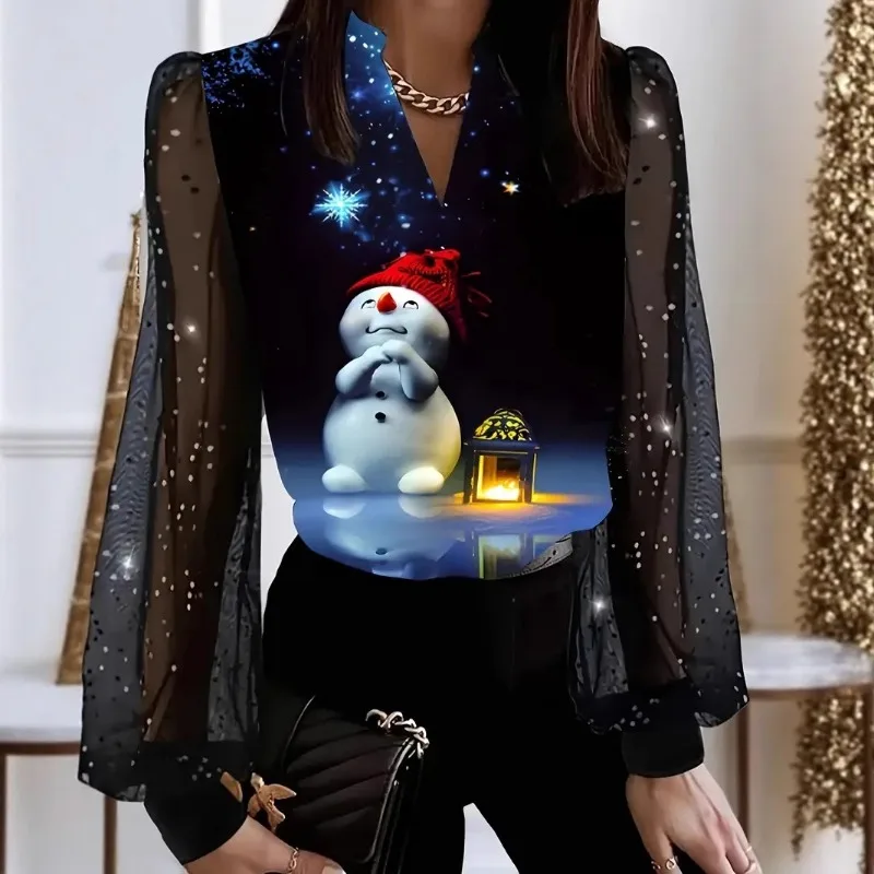 

2025 Autumn New Christmas Print Elements Lantern Sleeve V-neck Long-sleeved Shirt