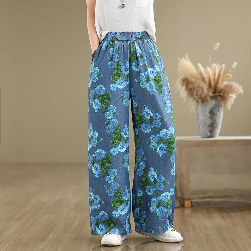 Women Summer Lyocell Denim Washable Ultra-thin Casual Versatile Stretched-waist Straight-leg Wide-leg Flower Print Pants Jeans