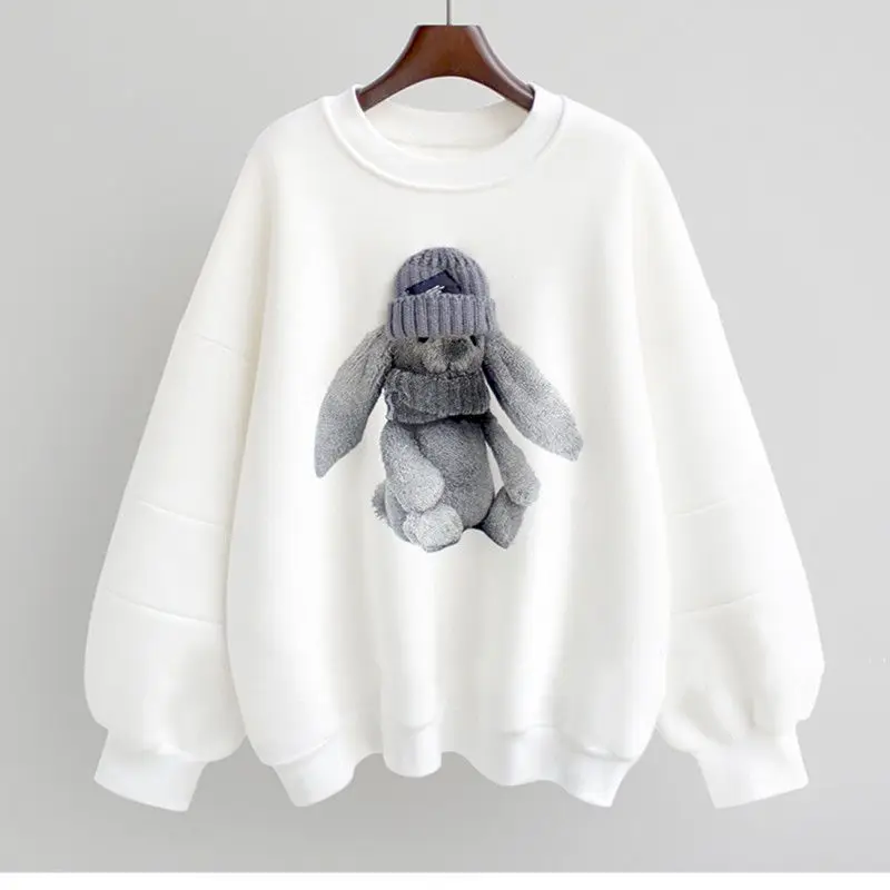 Fashion Pullovers Women Autumn Winter Trend Plush Thick Pullover Cute Rabbit Design Top Korean Loose Long Sleeve Top Y2k Clothes