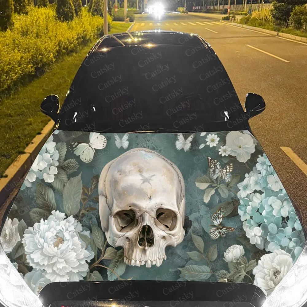 Floral Skull Car Hood Stickers - Self-Adhesive, Waterproof and Durable Vinyl Wrap, Decorate And Protect Your Car - The Gift For