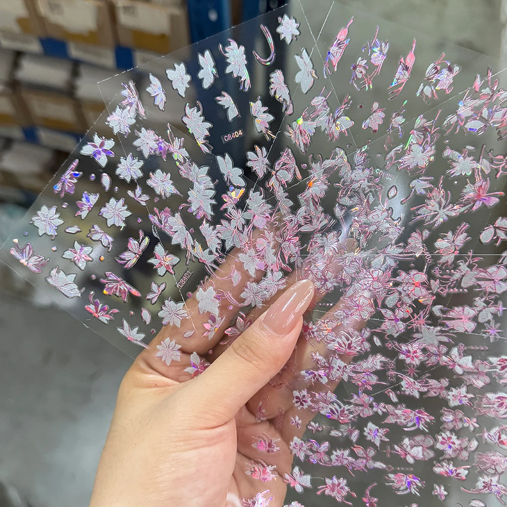 6 個ピンクパープルレーザーフラワー蝶ネイルデカール 3D 魅力的なちょう結びハイビスカスネイルアートステッカーブロンズ花マニキュアスライダー