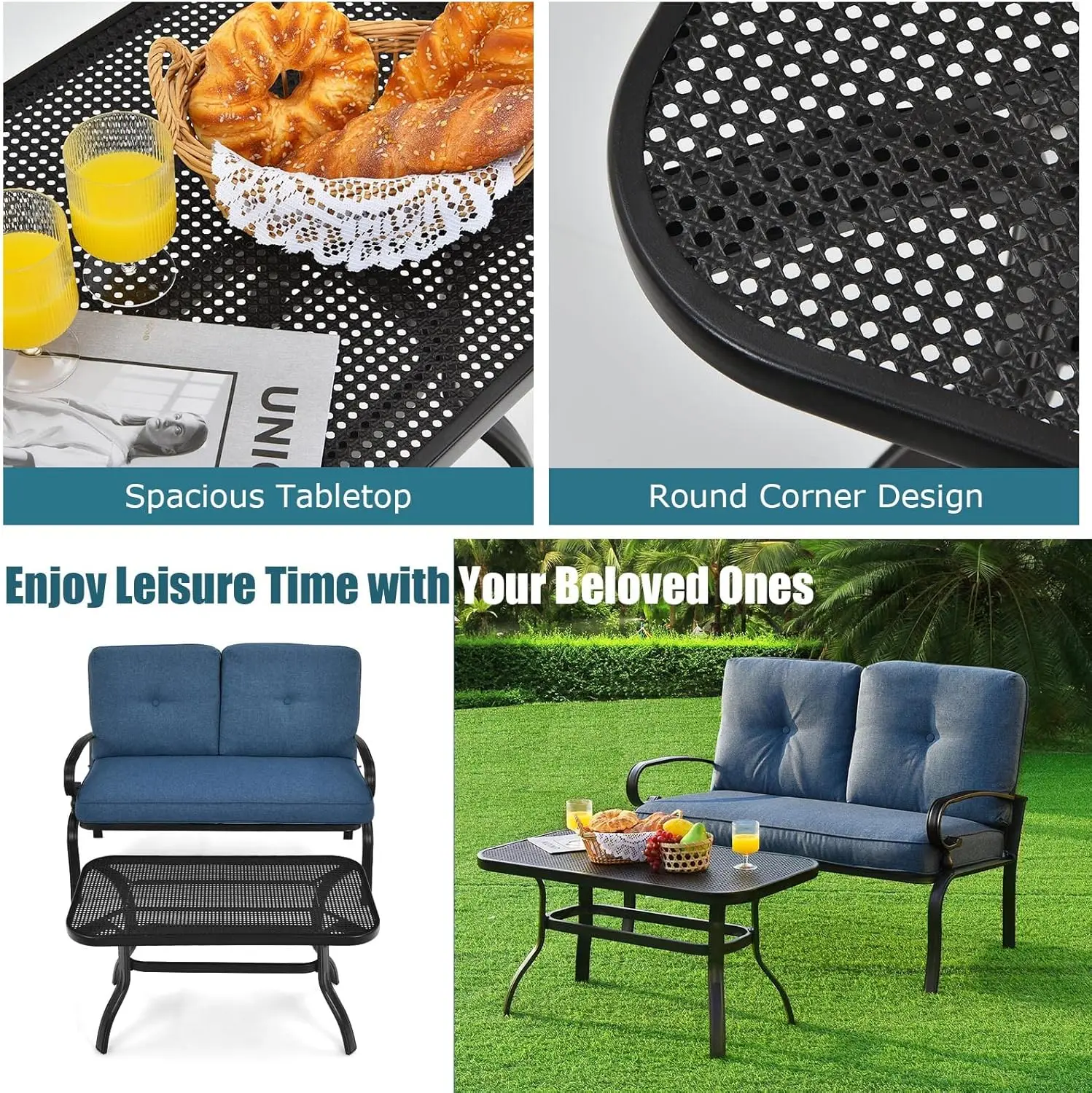 Sofá Almofada Set com Rustproof Frame, Loveseat com Coffee Table, Mobiliário de Exterior para Jardim, Poolside, 2Pcs