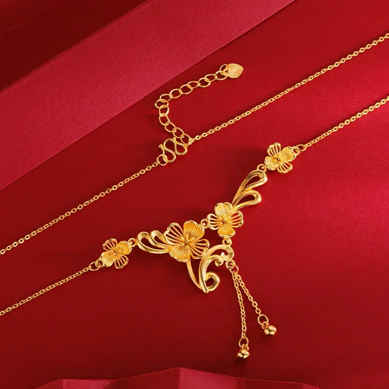 

9999 Real Gold 24K New Chinese Golden Girl Flower Clavicle Necklace, Premium Wedding Four Flower Tassel Set Chain