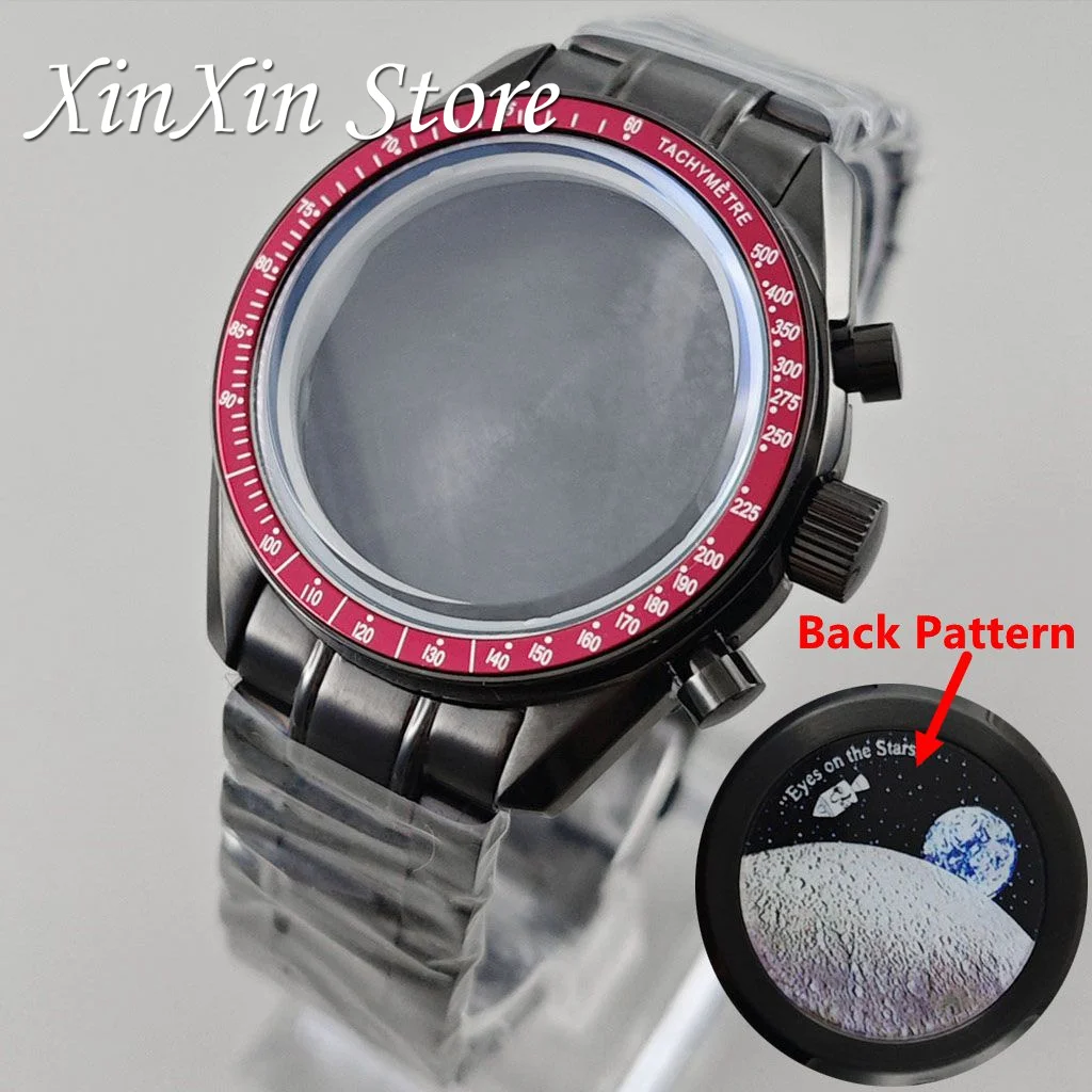 

Черный корпус VK63 для часов Moon Watch, 39,7 мм, с узором в виде луны на задней крышке, хронограф, металлический материал, подходит для Speed Master VK63, корпуса для часов VK64.