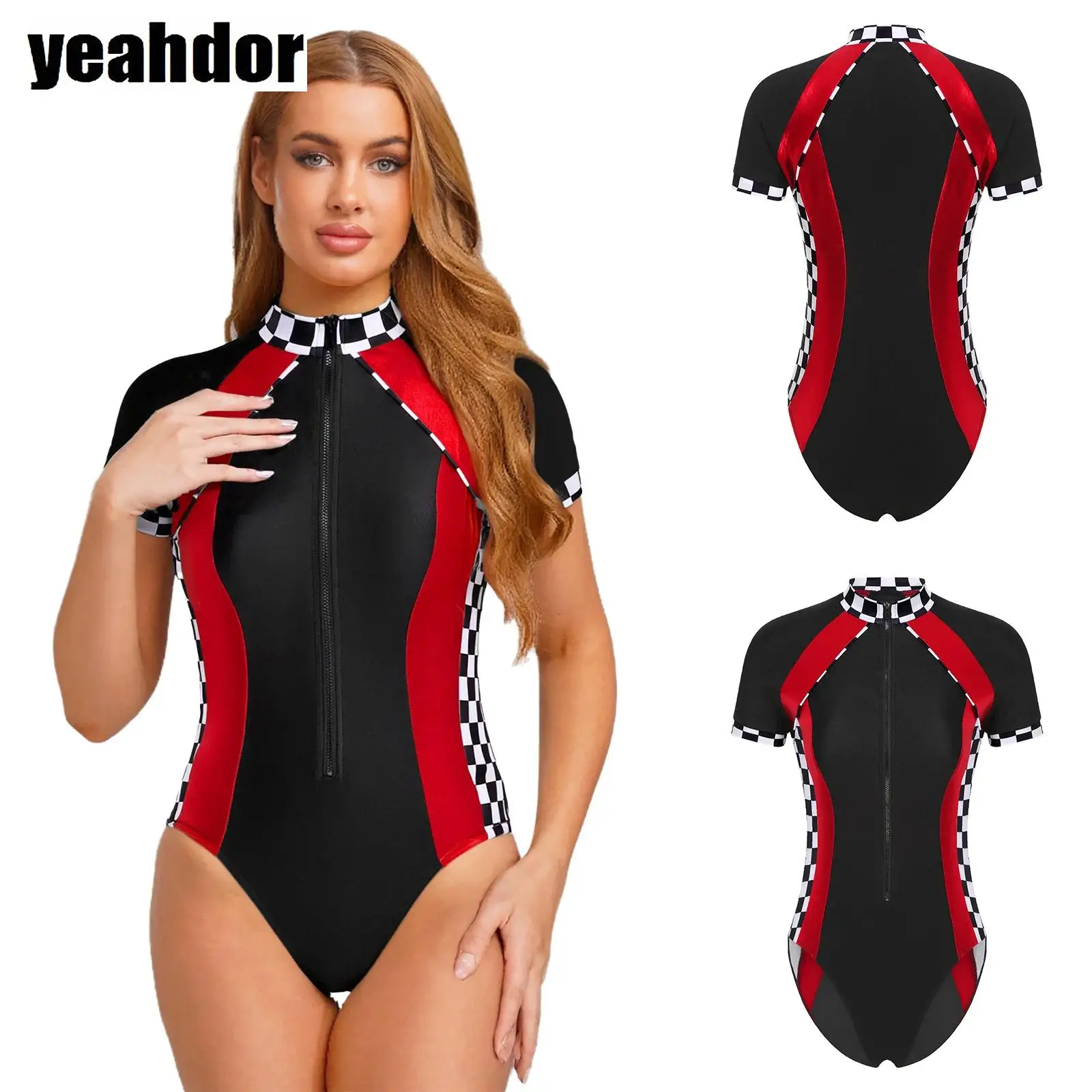 Vrouwen Race Car Driver Jumpsuit Plaid Stand Kraag Korte Mouw Rits Glanzende Body Racer Girl Uniform Turnpakje Halloween Kostuum