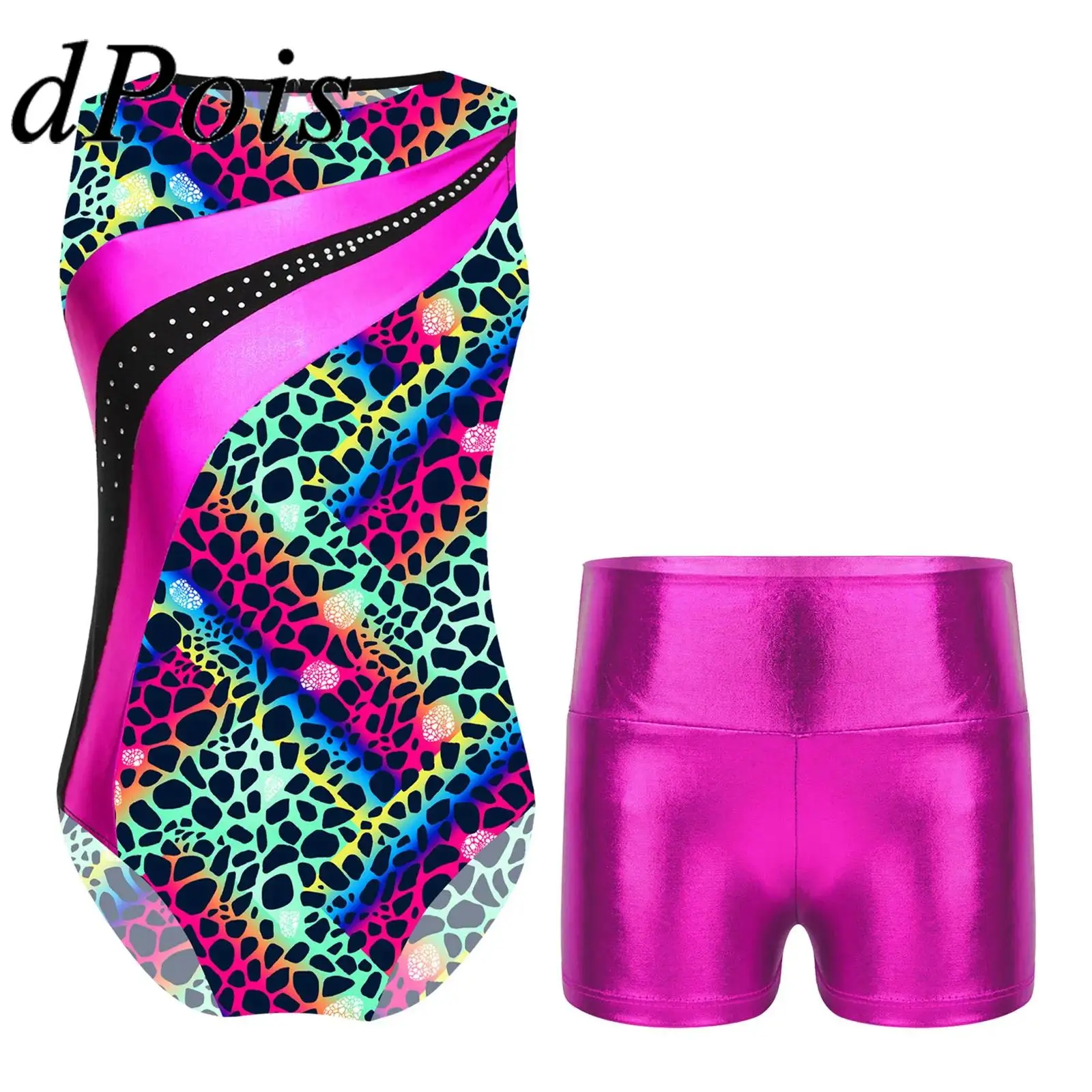 

Kids Girls Sleeveless Print Rhythmic Gymnastics Bodysuit with Shorts Yoga Ballet Dance Leotard Children Dancing Skating Jumpsuit