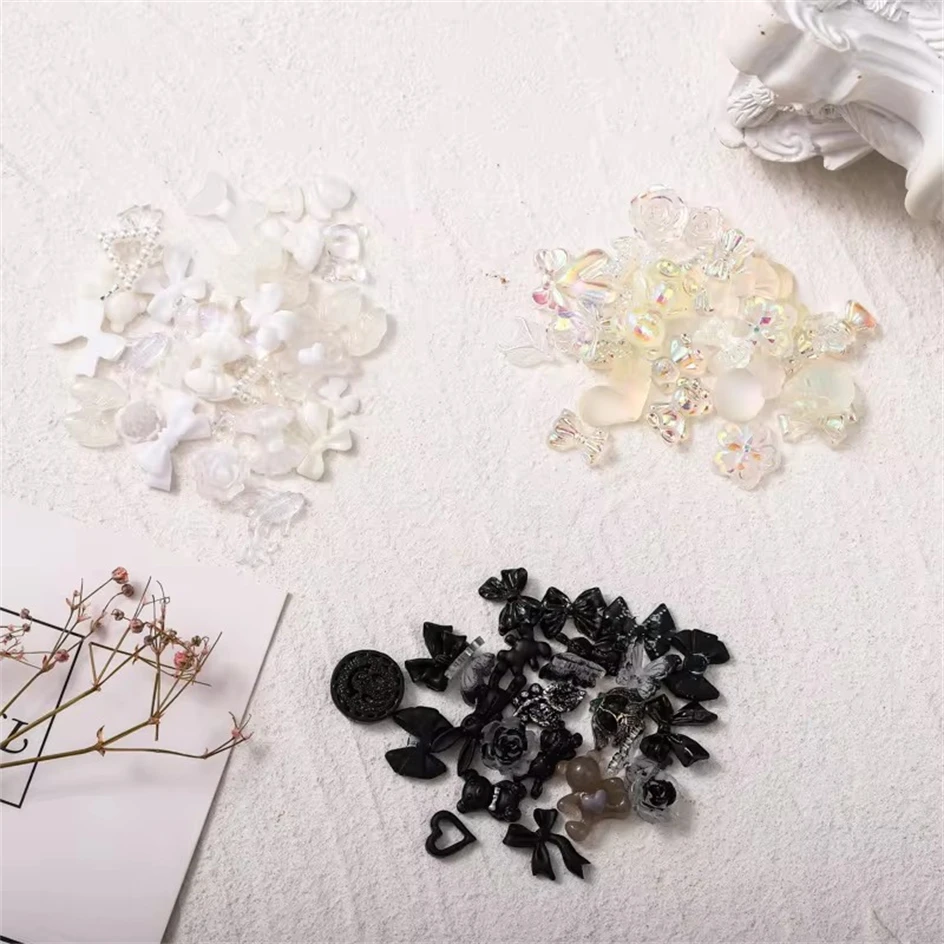 50pcs Mixed Resin Nail Charms Bulk Cute Bow Rose 3D Black White Aurora Butterfly Nails Art Decorations Accessories DIY Nail Pars