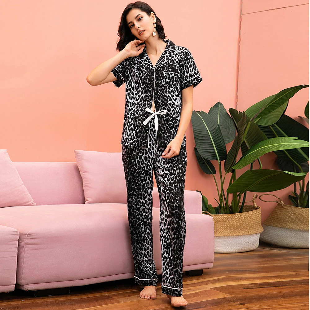 Dropshipping Ladies' Pyjamas Leopard Shirt Blouse Sleep Two Piece Sets Cardigan Bathrobe Women's Home Clothes Nightwear Trousers