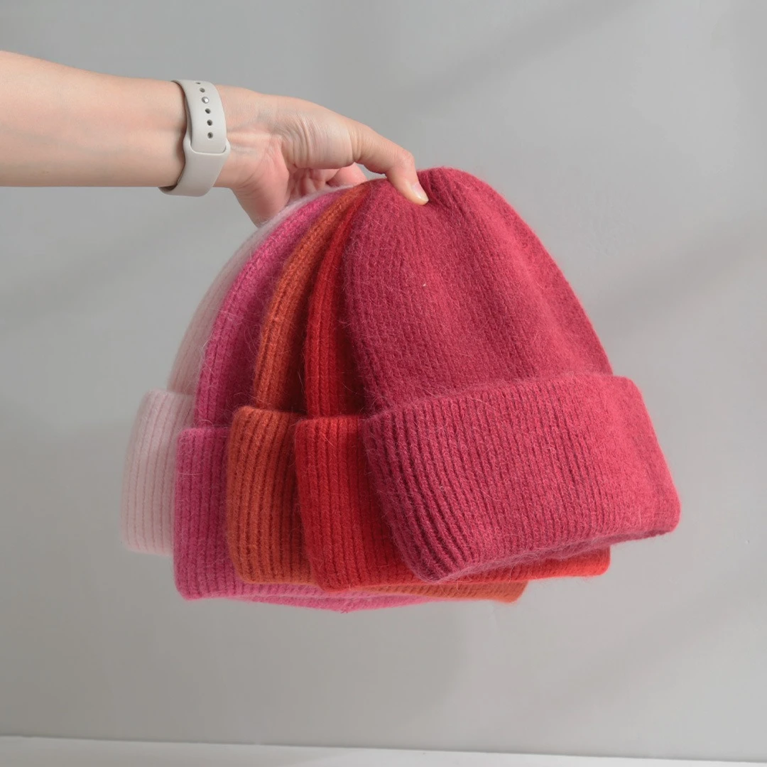 Women Premium Mohair Wool Blend Beanie Hat Soft Fuzzy Fluffy Ribbed Cuffed Thick Warm Winter Casual Knit Skull Cap