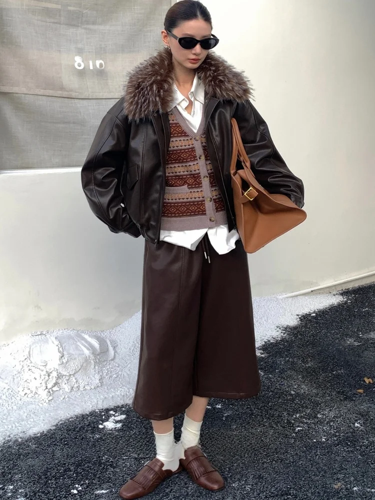 

American Retro Women's Biker Jaet Warm Coat Fur Collar ort Sle Daily Wear PU Leather Thiened Long Sve Zipper Closure