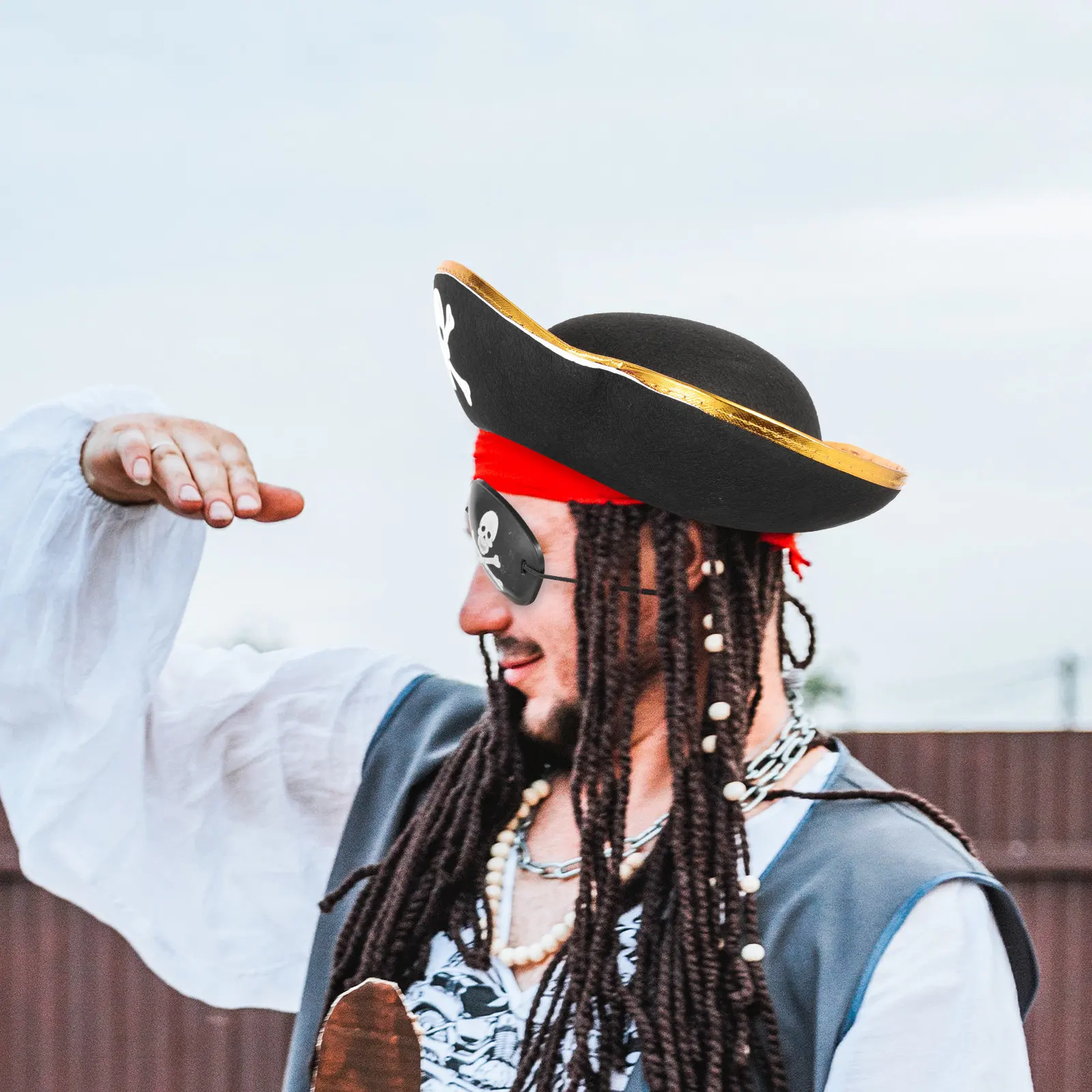 4Pcs Realistic Pirate Hat and Eye Patch Set Skull Design Cosplay Props for Halloween Party Birthday Theater Performance Dress Up