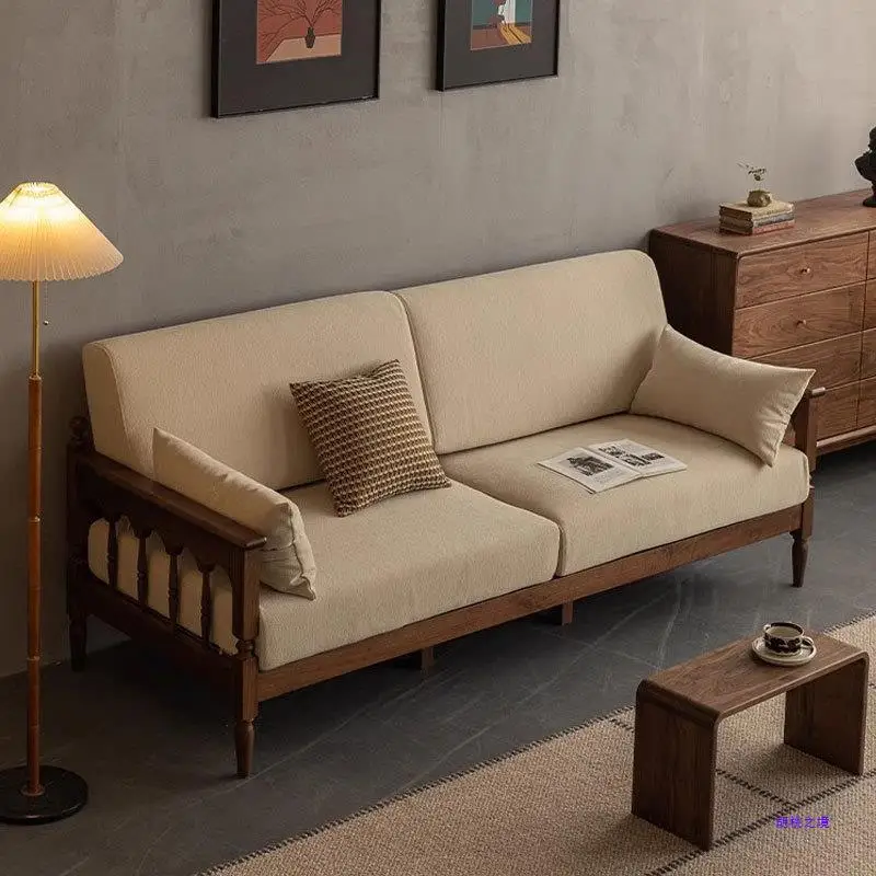

North American Black Walnut Solid Wood Sofa, American Vintage Fabric Sofa, Three-Seater Straight Row Sofa, Small Living Room