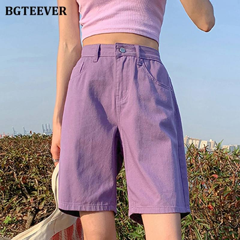 BGTEEVER décontracté taille haute poches solide dames jean Shorts été Y2K bouton ample droit femmes Denim Shorts